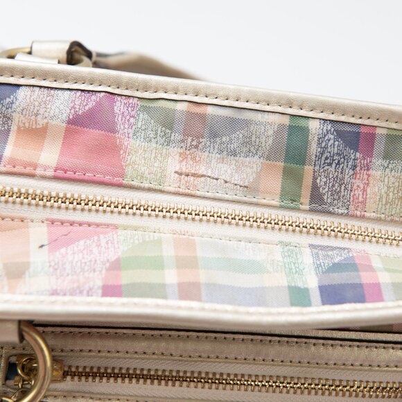 Coach Poppy Daisy Signature Madras Plaid Print Pink Rocker 2-Way Tote Bag Gold - Picture 11 of 13